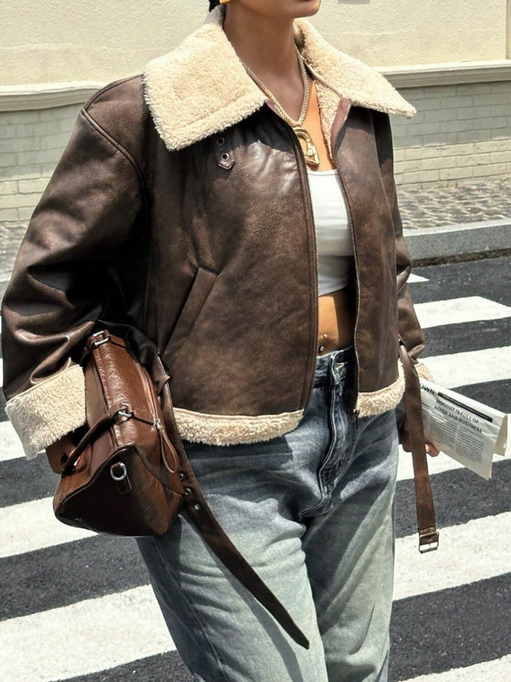 Brown Casual Women's Loose Zipper Front Shearling Leather Jacket - Picture 3 of 7